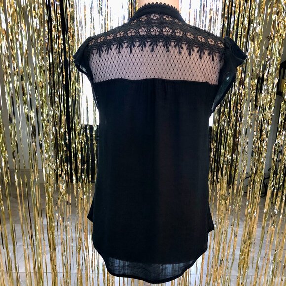 Blue Embroidered Blouse High Lace Collar V-neck Size Small Elegant Holidays - Picture 3 of 16